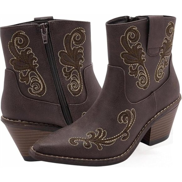 ✨ Canyon Trails Cowgirl Boots Women Brown Faux Leather Side Zippers Heel Boots - Picture 1 of 8